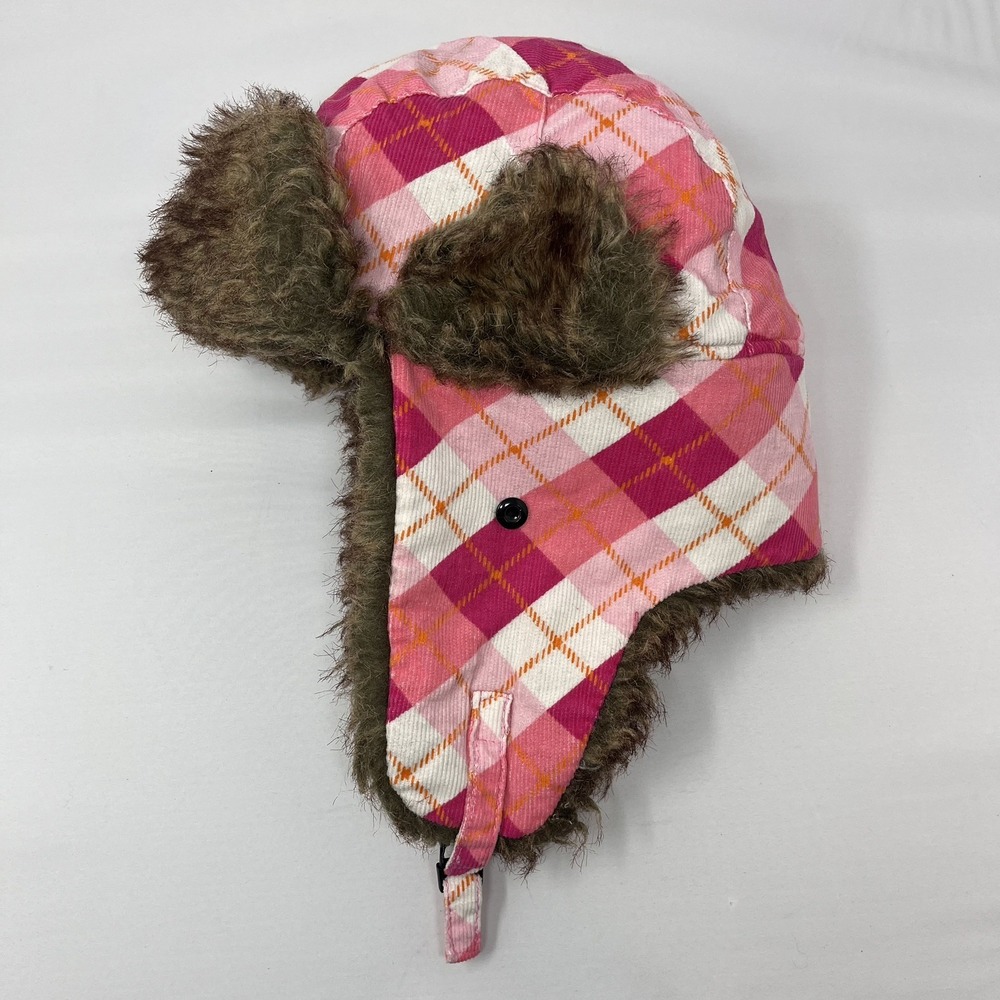 Pink White Orange Plaid Checkered Faux Fur Trapper Hat Ear Flaps Ushanka Winter